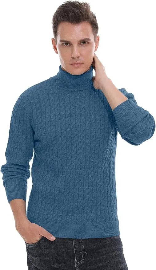 Men's Twisted Knitted Turtleneck Sweater Casual Soft Pullover Sweaters - Blue