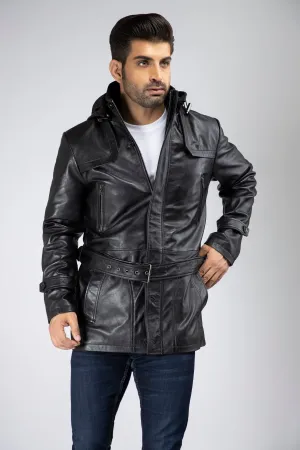 Mens Zak Front Button and Zippered Hooded Leather Coat