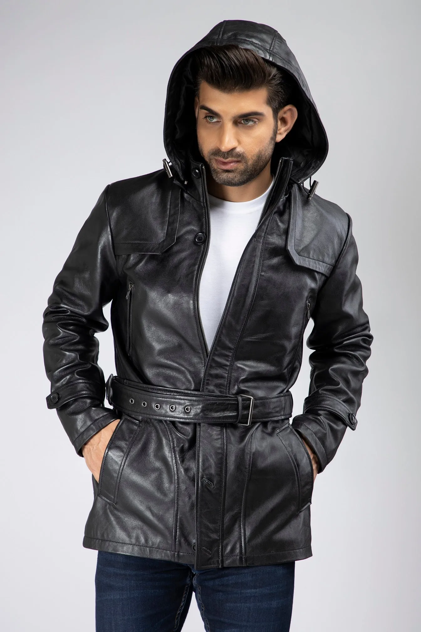 Mens Zak Front Button and Zippered Hooded Leather Coat