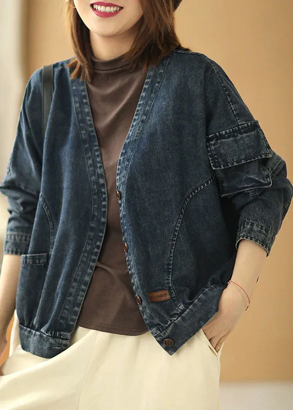 Modern Blue V Neck Button Pockets Fall Coats Long Sleeve