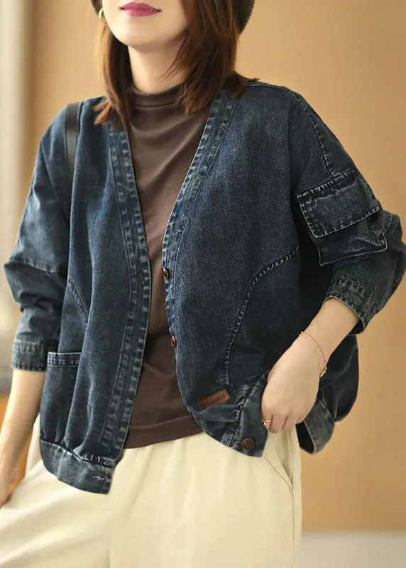 Modern Blue V Neck Button Pockets Fall Coats Long Sleeve