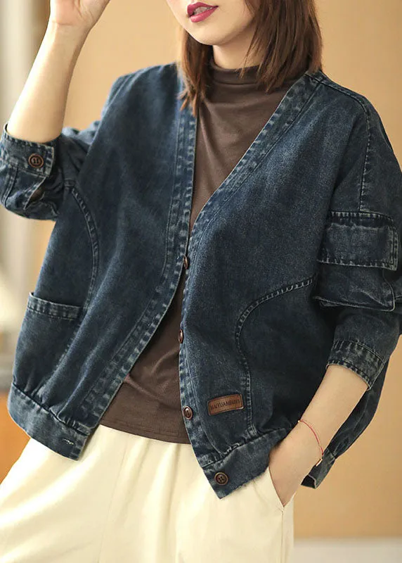 Modern Blue V Neck Button Pockets Fall Coats Long Sleeve