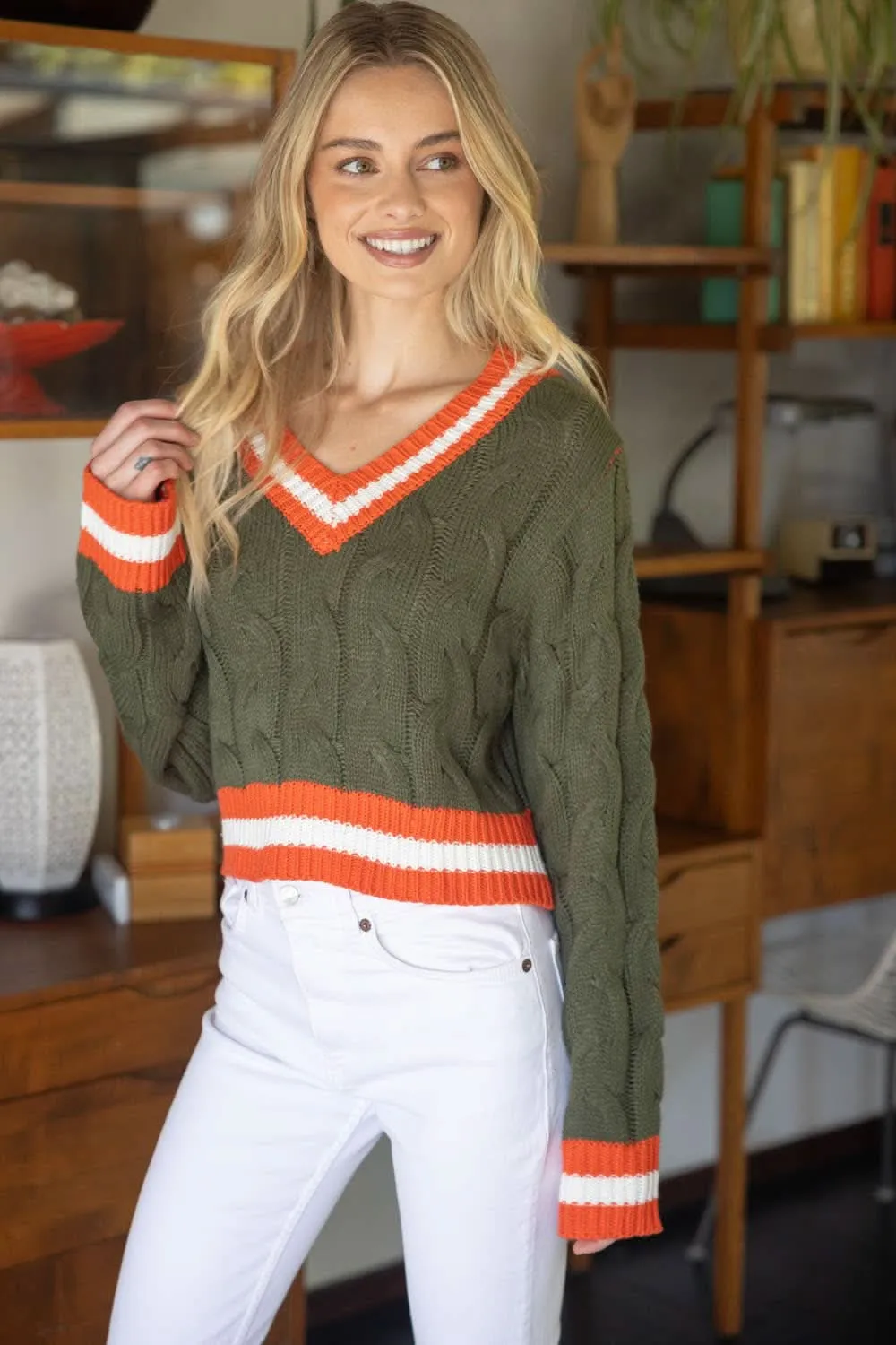 Olive  Long Sleeve Contrast Striped Cropped Sweater