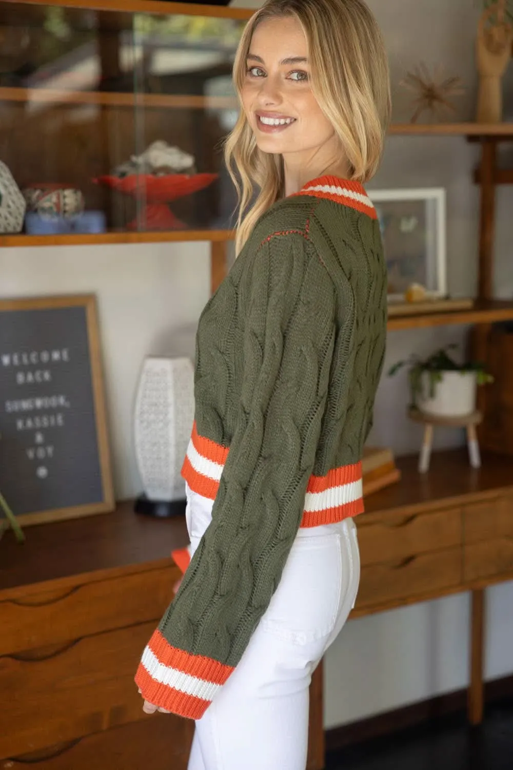 Olive  Long Sleeve Contrast Striped Cropped Sweater