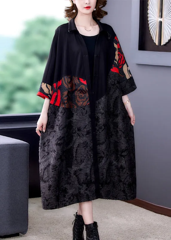 Plus Size Black Print Button Patchwork Cotton Long Coats Fall