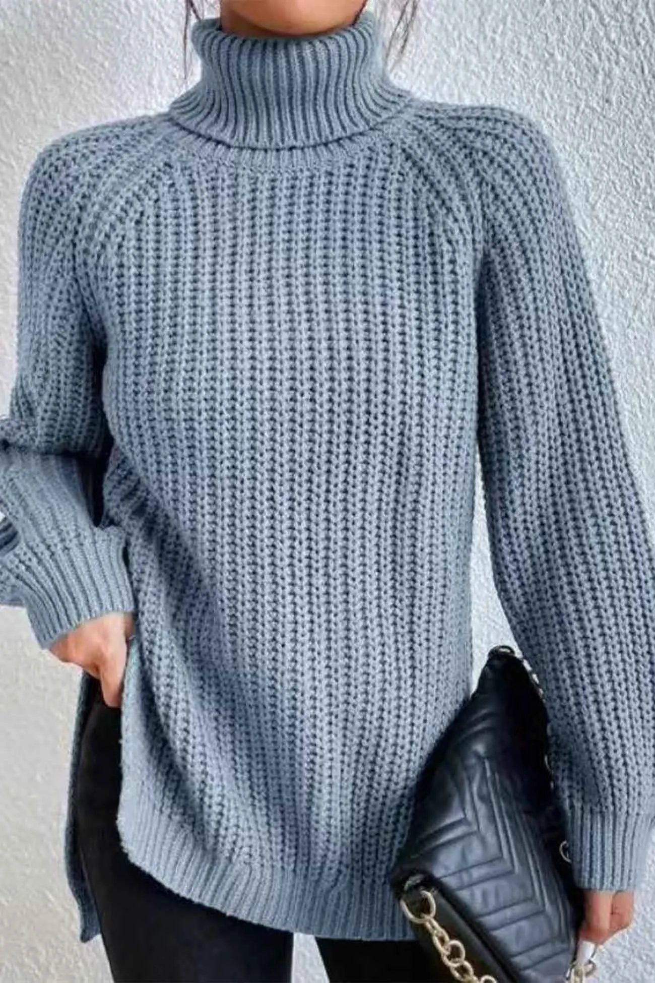 Raglan Sleeve Turtleneck Slit Mid-Length Sweater