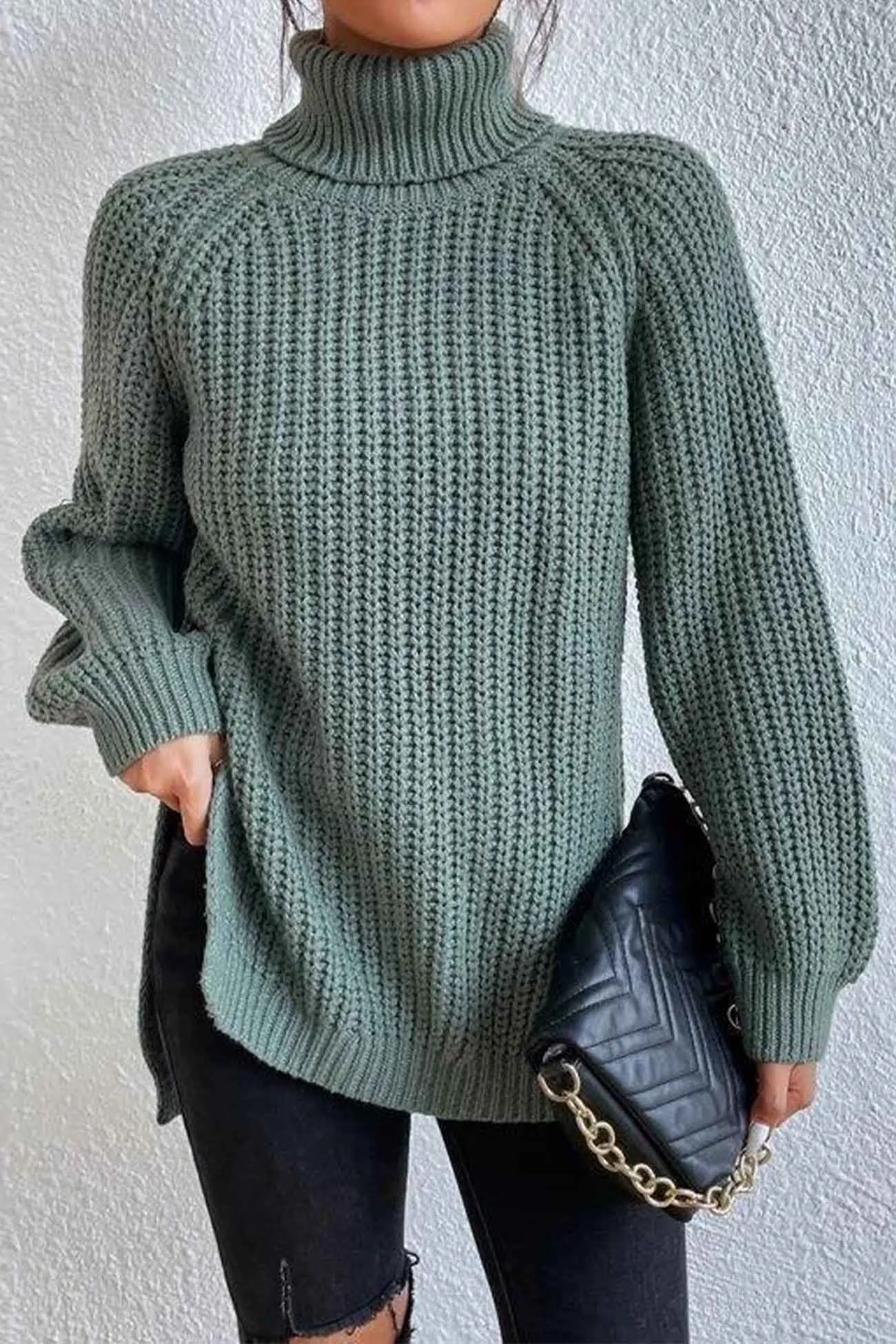 Raglan Sleeve Turtleneck Slit Mid-Length Sweater