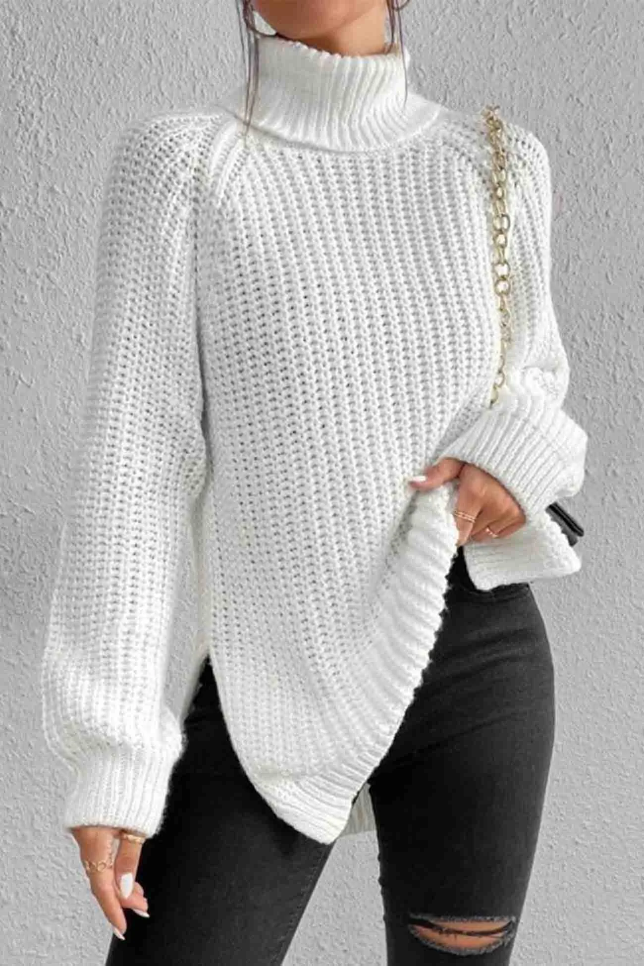 Raglan Sleeve Turtleneck Slit Mid-Length Sweater