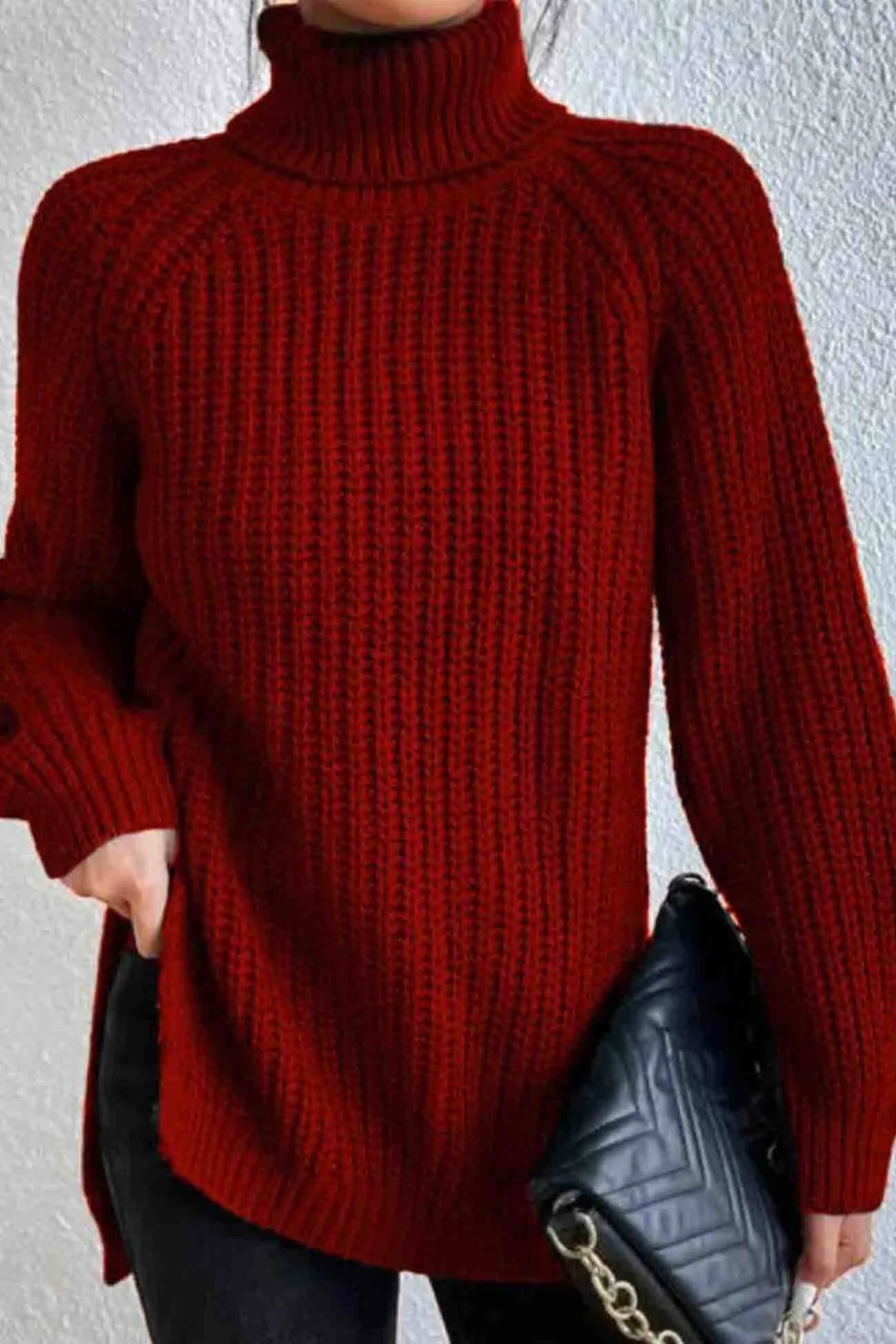 Raglan Sleeve Turtleneck Slit Mid-Length Sweater