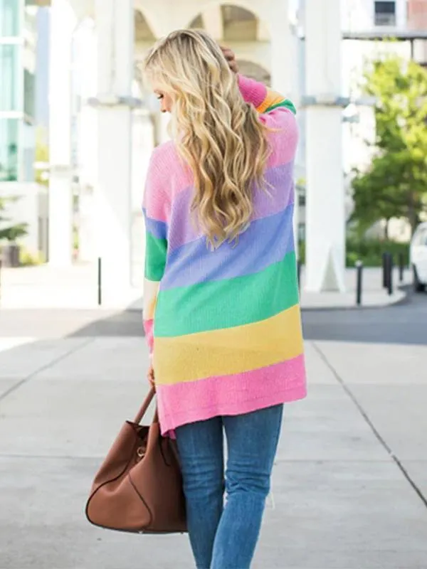 Rainbow Long Sleeves Color Block Knitted Cardigan Sweaters