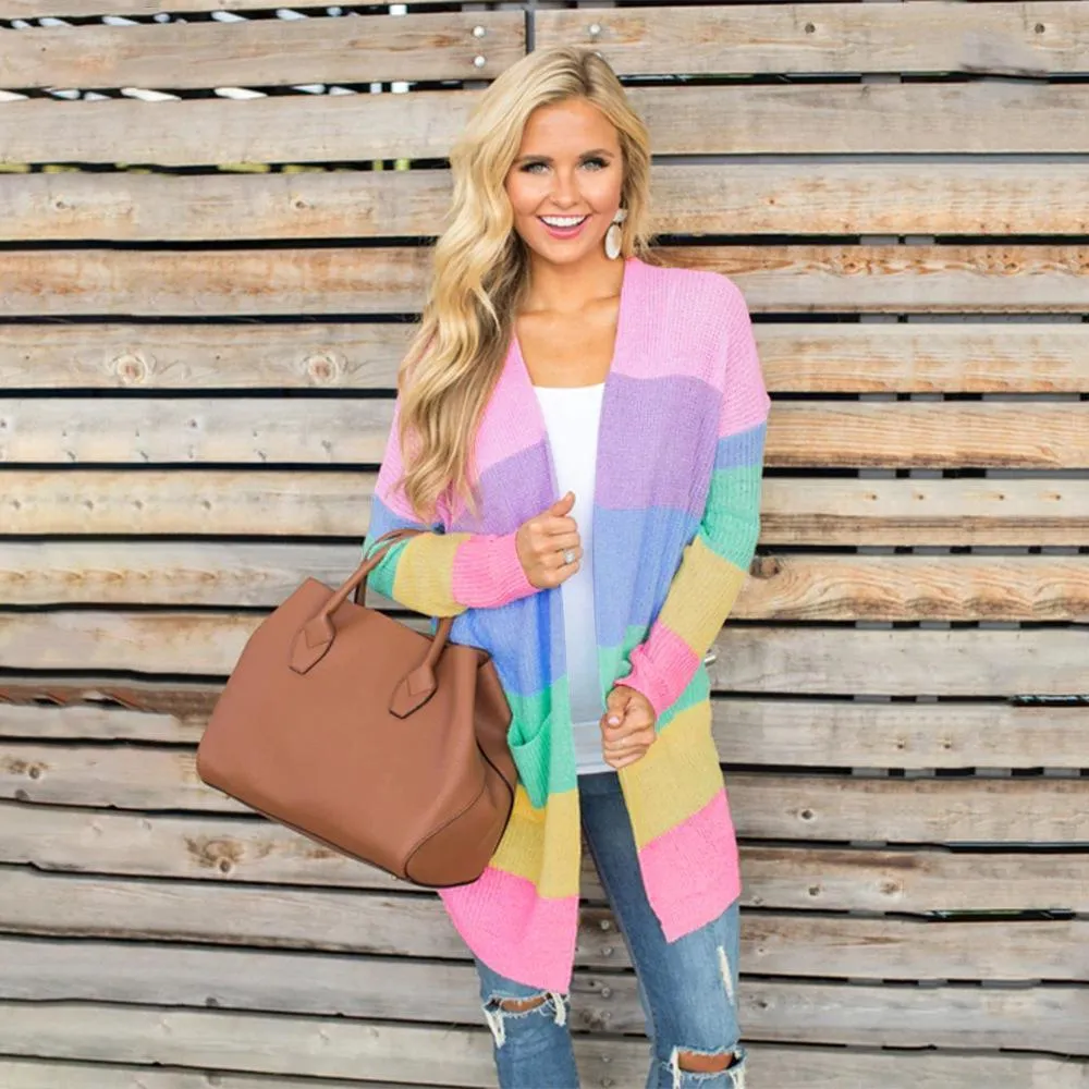 Rainbow Long Sleeves Color Block Knitted Cardigan Sweaters