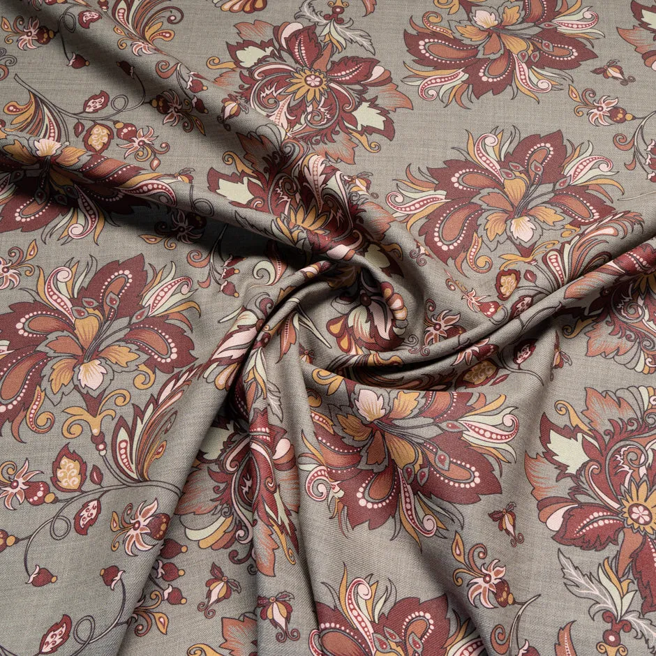 Rich Brown Floral Printed Stretch Wool