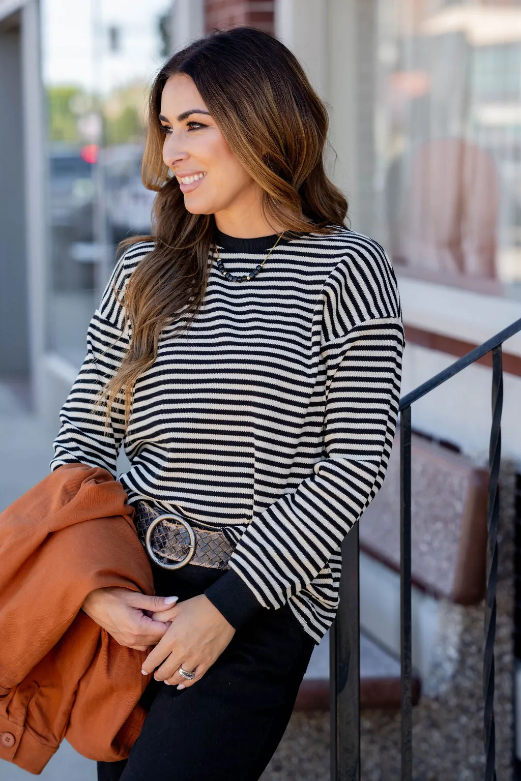 Striped Solid Trim Thermal Tee