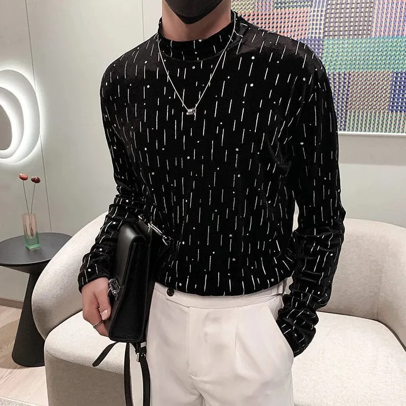 Stylish Velvet Rhinestone T-shirt for Men Long Sleeve Half Turtleneck