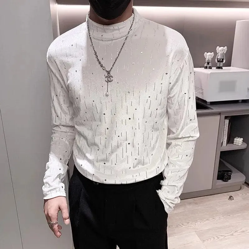 Stylish Velvet Rhinestone T-shirt for Men Long Sleeve Half Turtleneck