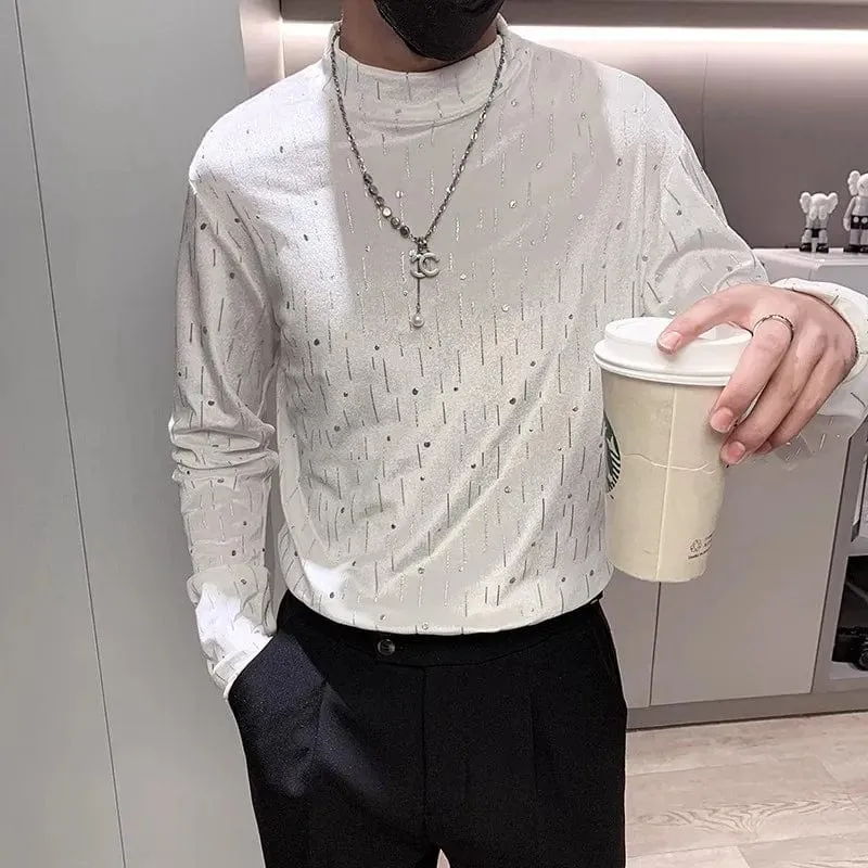 Stylish Velvet Rhinestone T-shirt for Men Long Sleeve Half Turtleneck