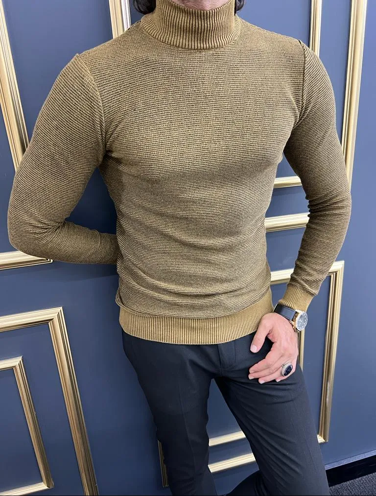 Thread Slim Fit Custom Design Half Collared Camel Turtleneck