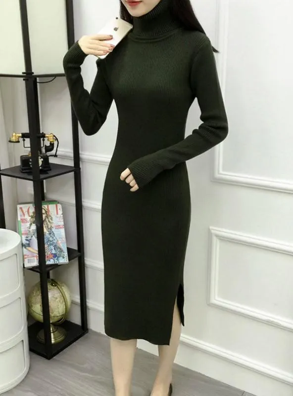 Turtleneck Ribbed Long Sleeve Knit Sweater Dress