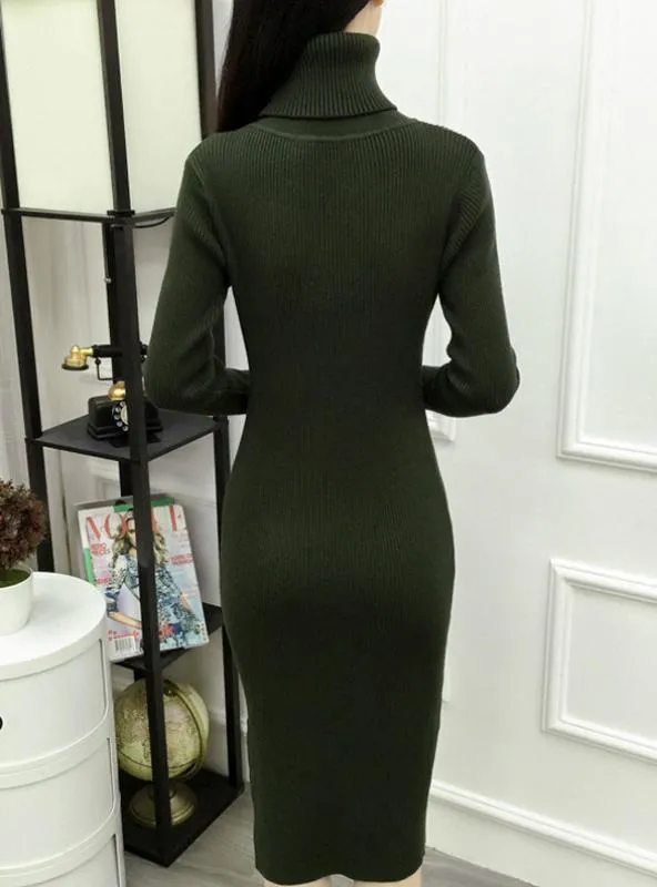 Turtleneck Ribbed Long Sleeve Knit Sweater Dress