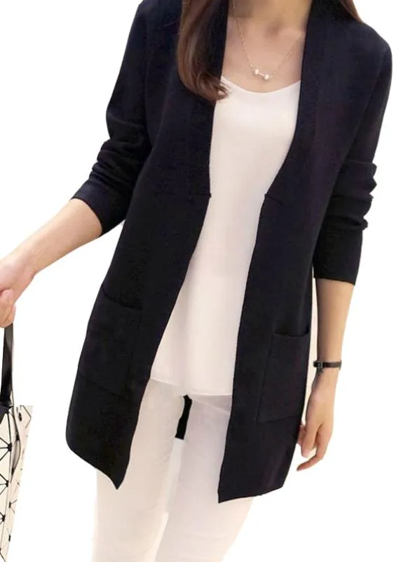 Women Long Cardigan Korean Slim Pocket Loose Knit Sweater