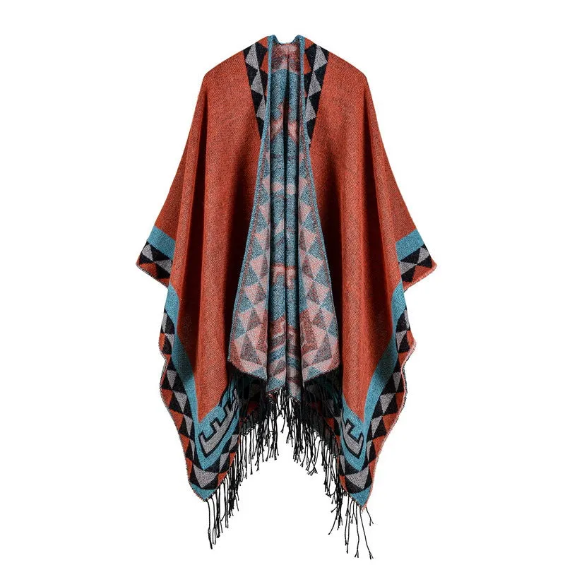 Women's rhombus tassel lengthened imitation cashmere shawl front and back can be thickened cloak