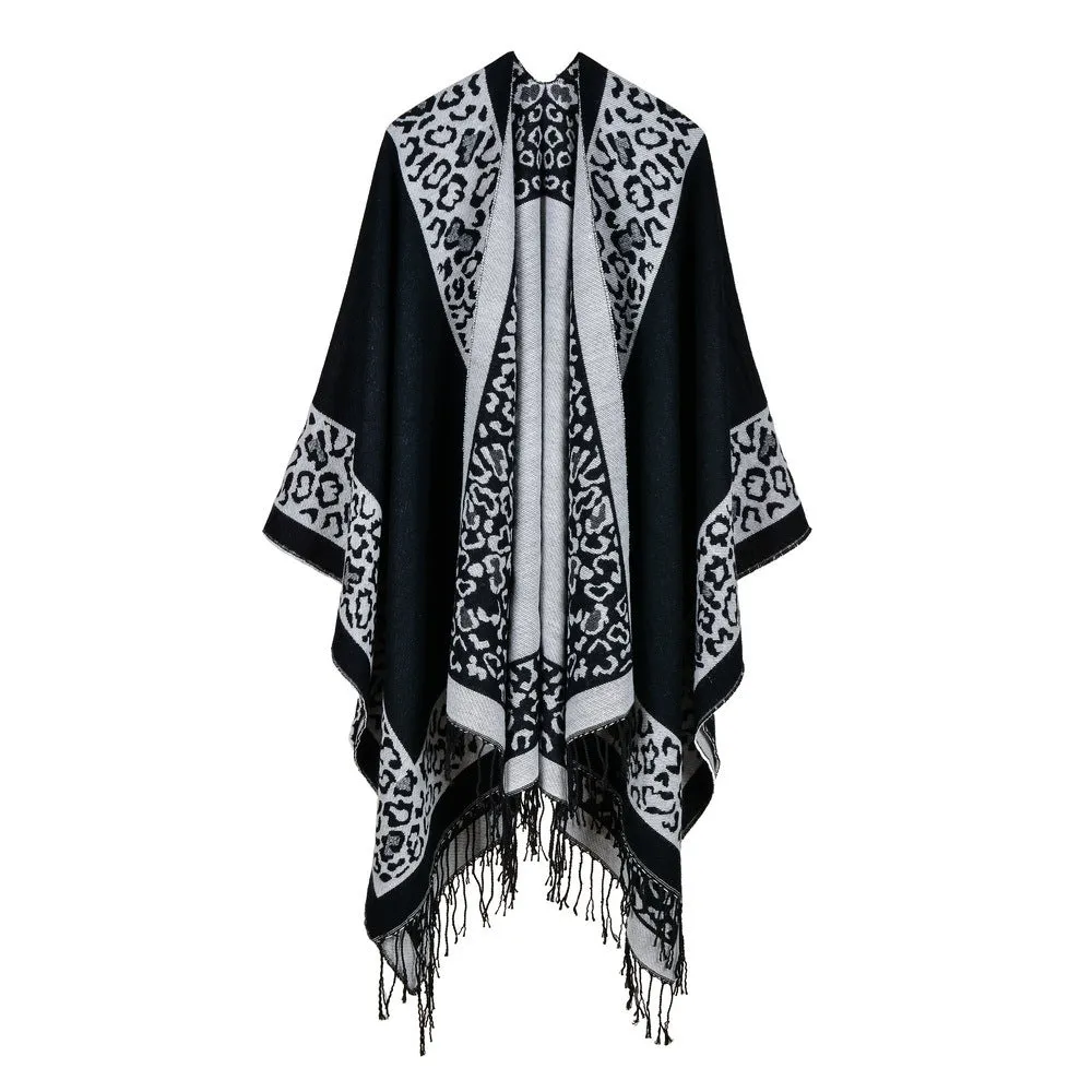 Women's rhombus tassel lengthened imitation cashmere shawl front and back can be thickened cloak