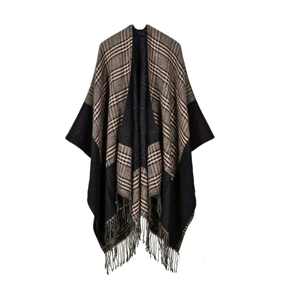 Women's rhombus tassel lengthened imitation cashmere shawl front and back can be thickened cloak