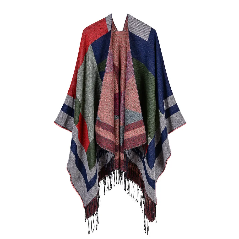 Women's rhombus tassel lengthened imitation cashmere shawl front and back can be thickened cloak