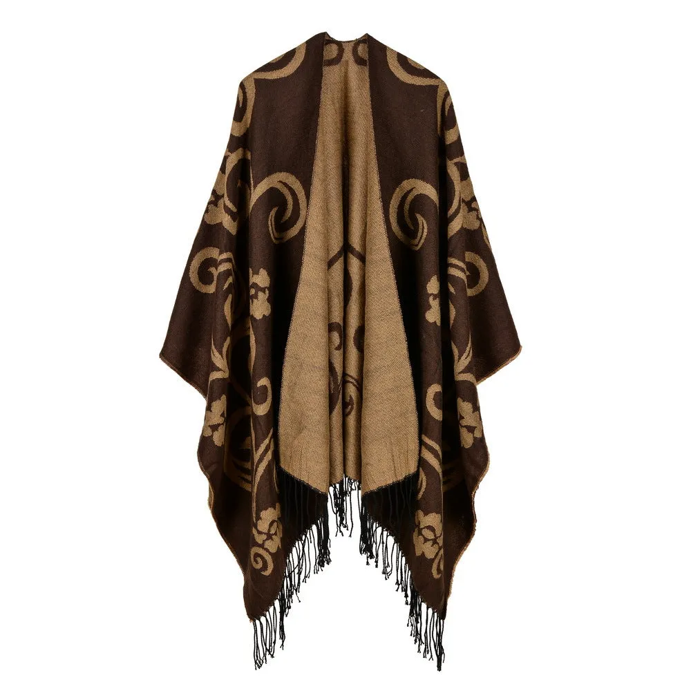 Women's rhombus tassel lengthened imitation cashmere shawl front and back can be thickened cloak