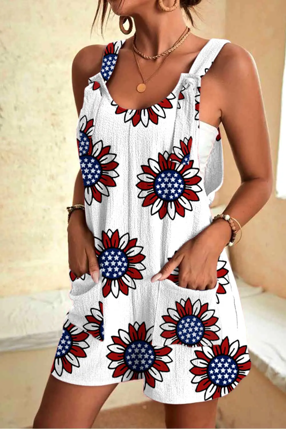 Women's US Flag Pattern Sunflower Print Casual Overall Romper