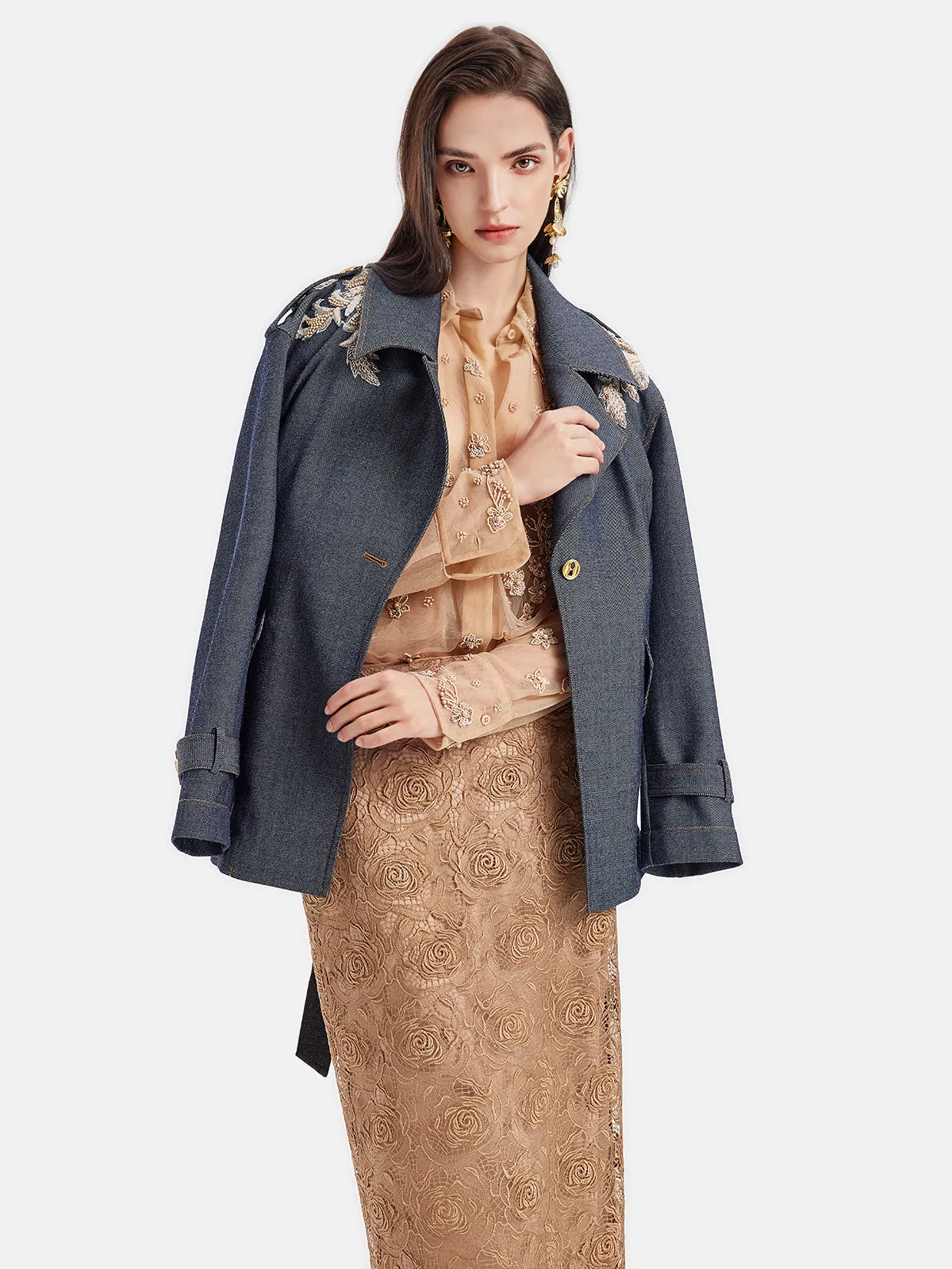 Wool & Beaded Embroidered Trench Coat