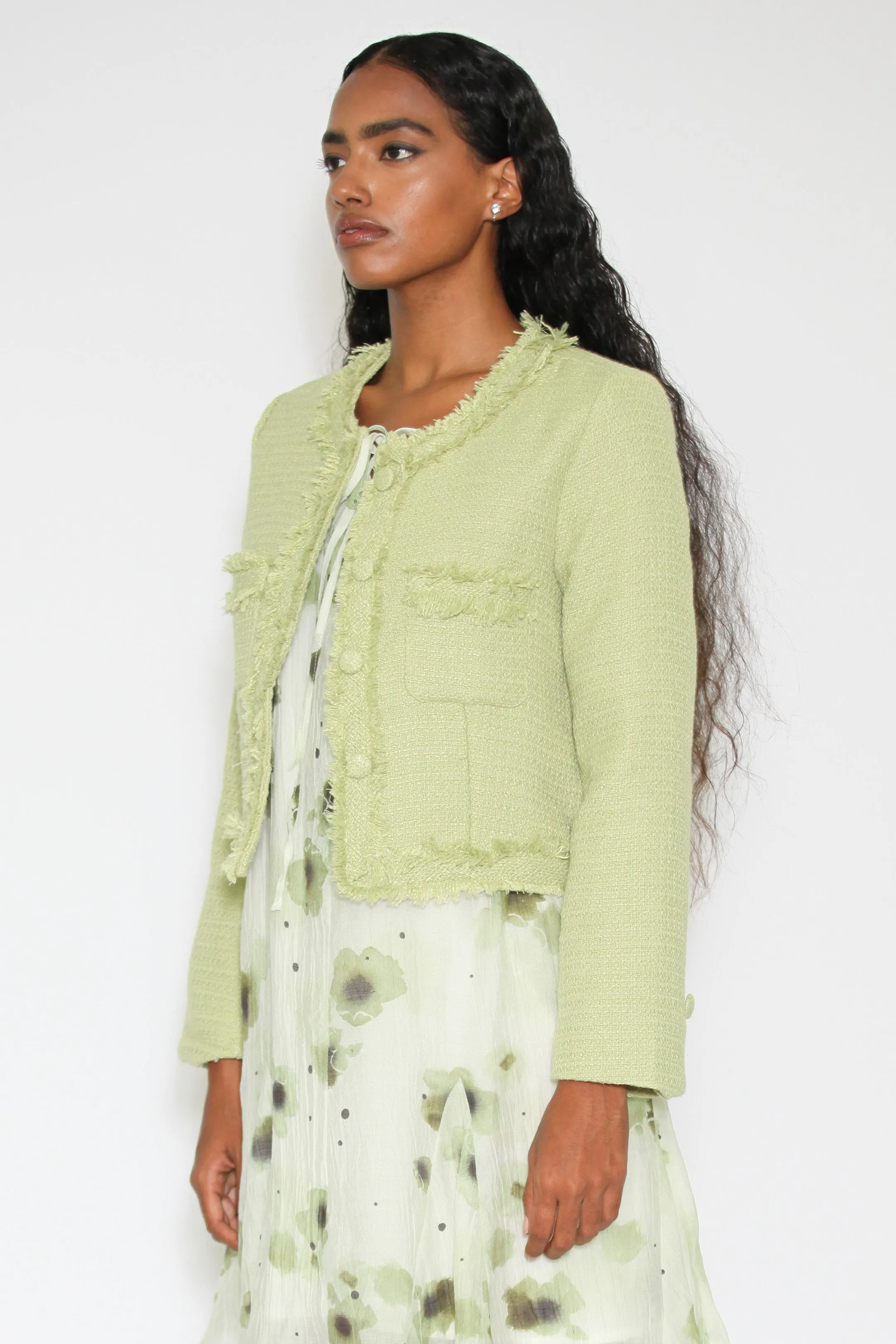 Wool Green Tweed Cropped Blazer