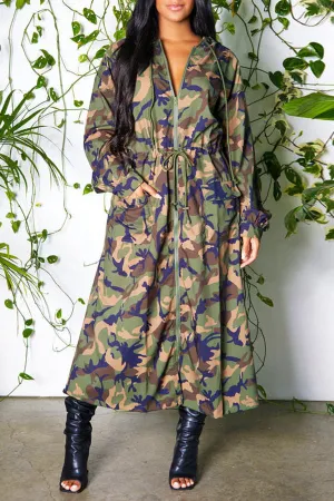 xiangtuibao Camouflage Classic Drawstring Hooded Trench Coat